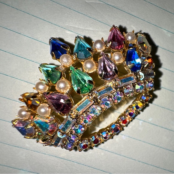 B. David Vintage Rhinestone Crown Brooch Gold Tone Aurora Pink Green Orange Purp - Picture 6 of 6
